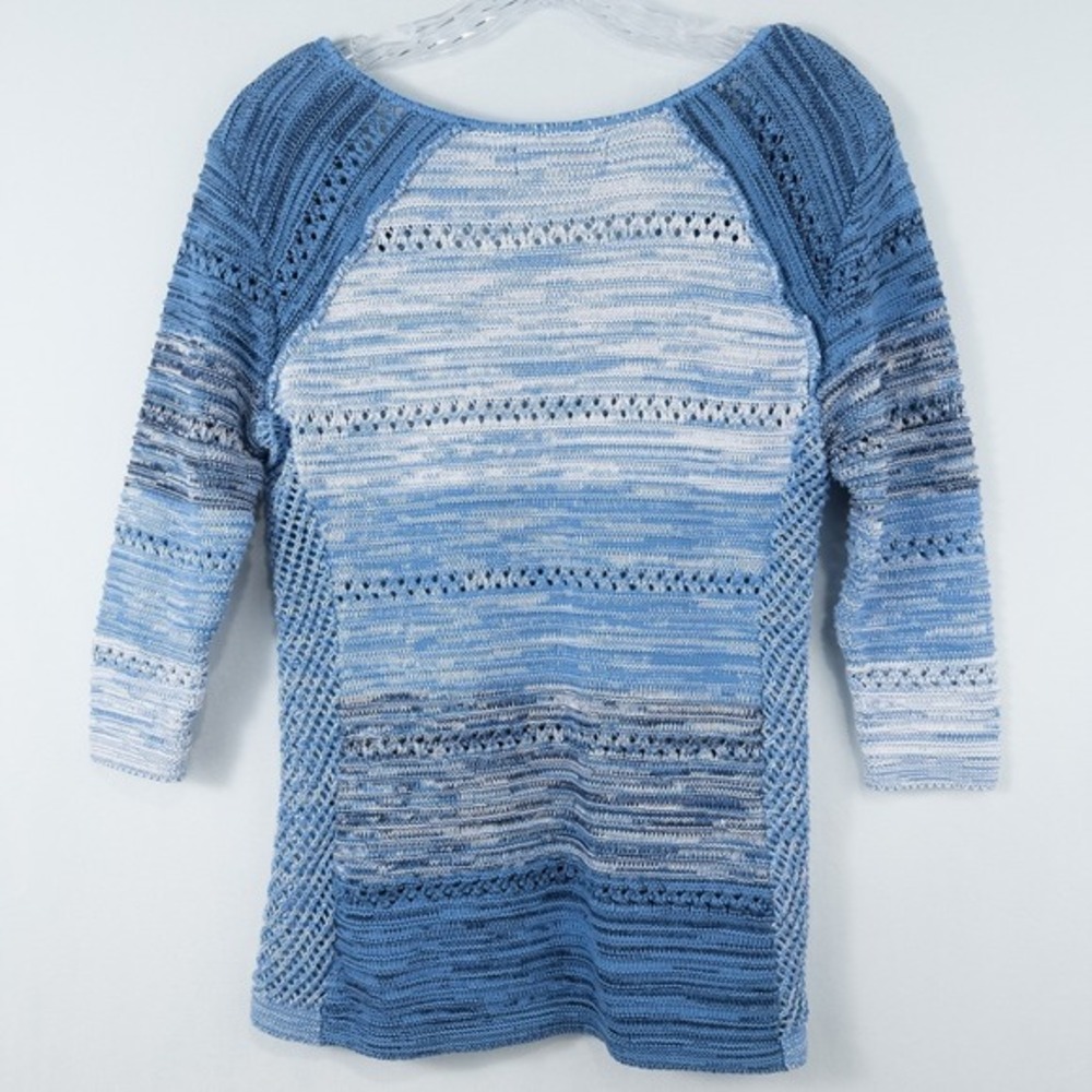 Cotton Country 3/4 Sleeve Crochet Knit Sweater Womens‎ Medium Blue Coastal Boho - Picture 2 of 15